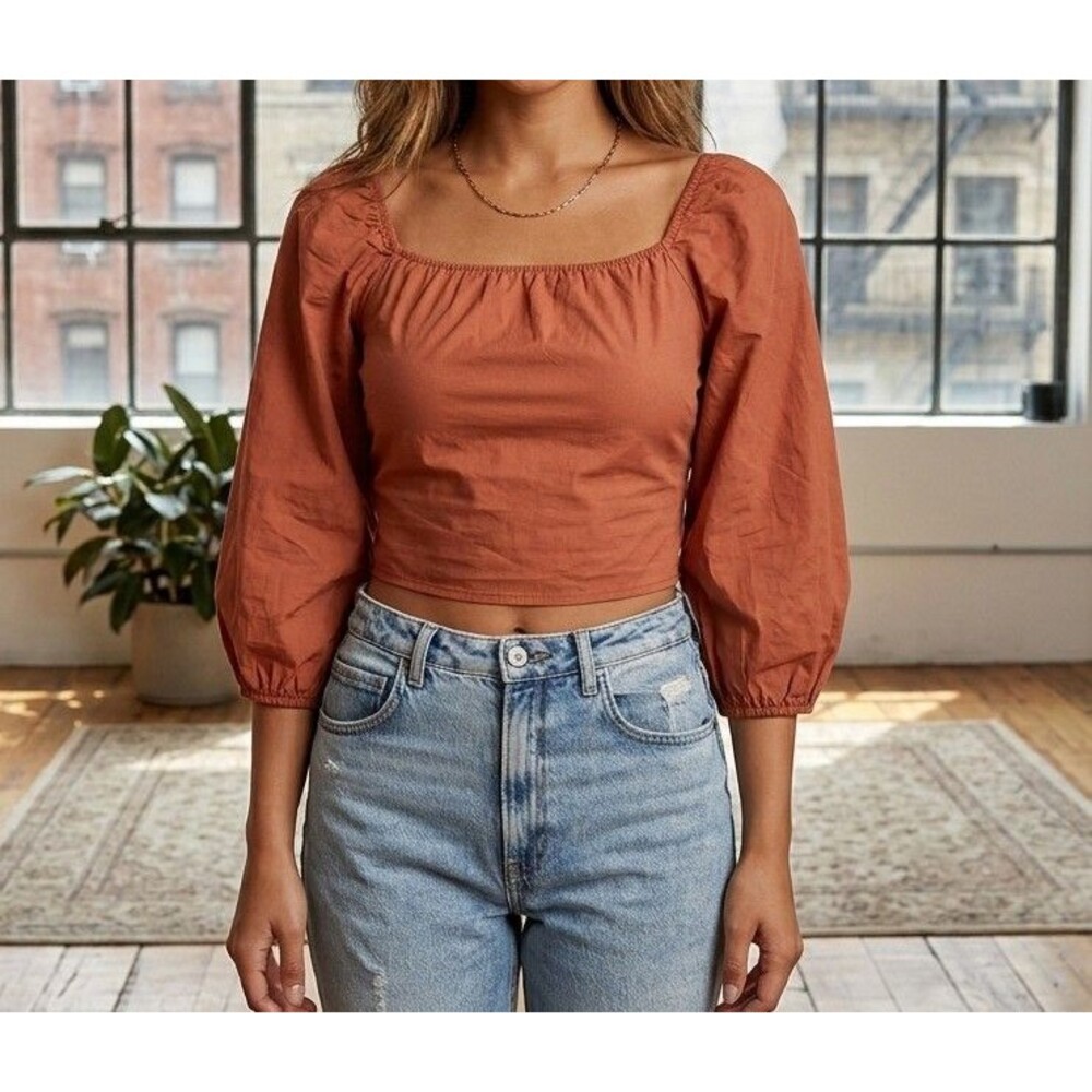 Leger By Lena Gercke Brown Cropped Blouse Top Balloon Sleeve Laceup XS-34 277972